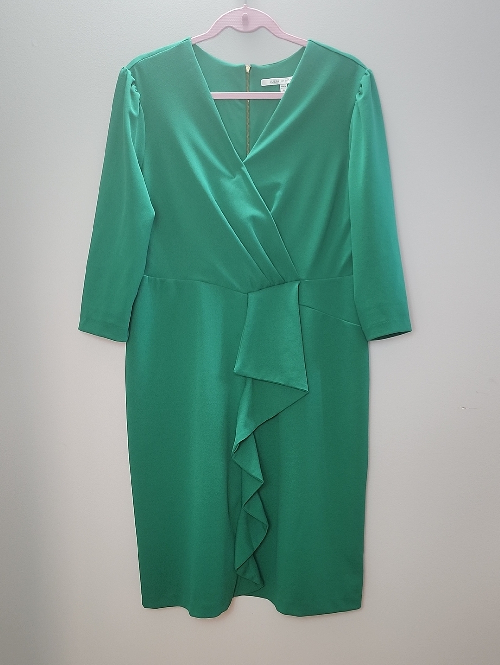 JULIA JORDAN Green Cascade Ruffle Crepe Sheath Dress